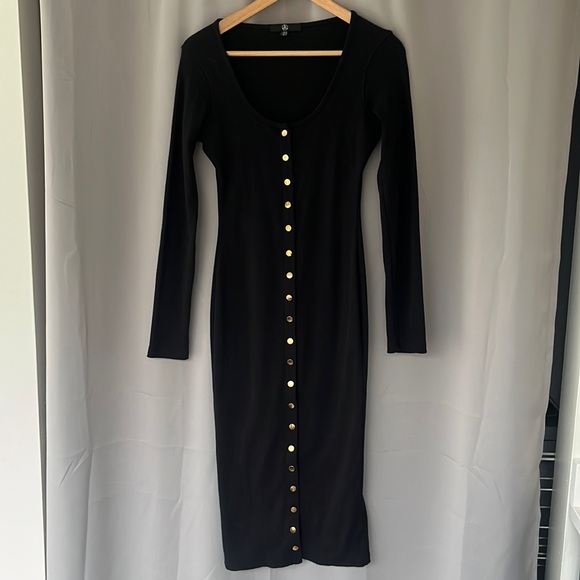 Missguided Black Long Sleeved Gold Button Front Scoop Neck Midi Dress Size 4 - Picture 2 of 9